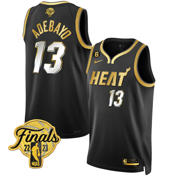 Men's Miami Heat #13 Bam Adebayo Black Gold Edition 2023 Finals Collection With NO.6 Patch Stitched Basketball Jersey Men's Miami Heat #13 Bam Adebayo Black Gold Edition 2023 Finals Collection With NO.6 Patch Stitched Basketball Jersey